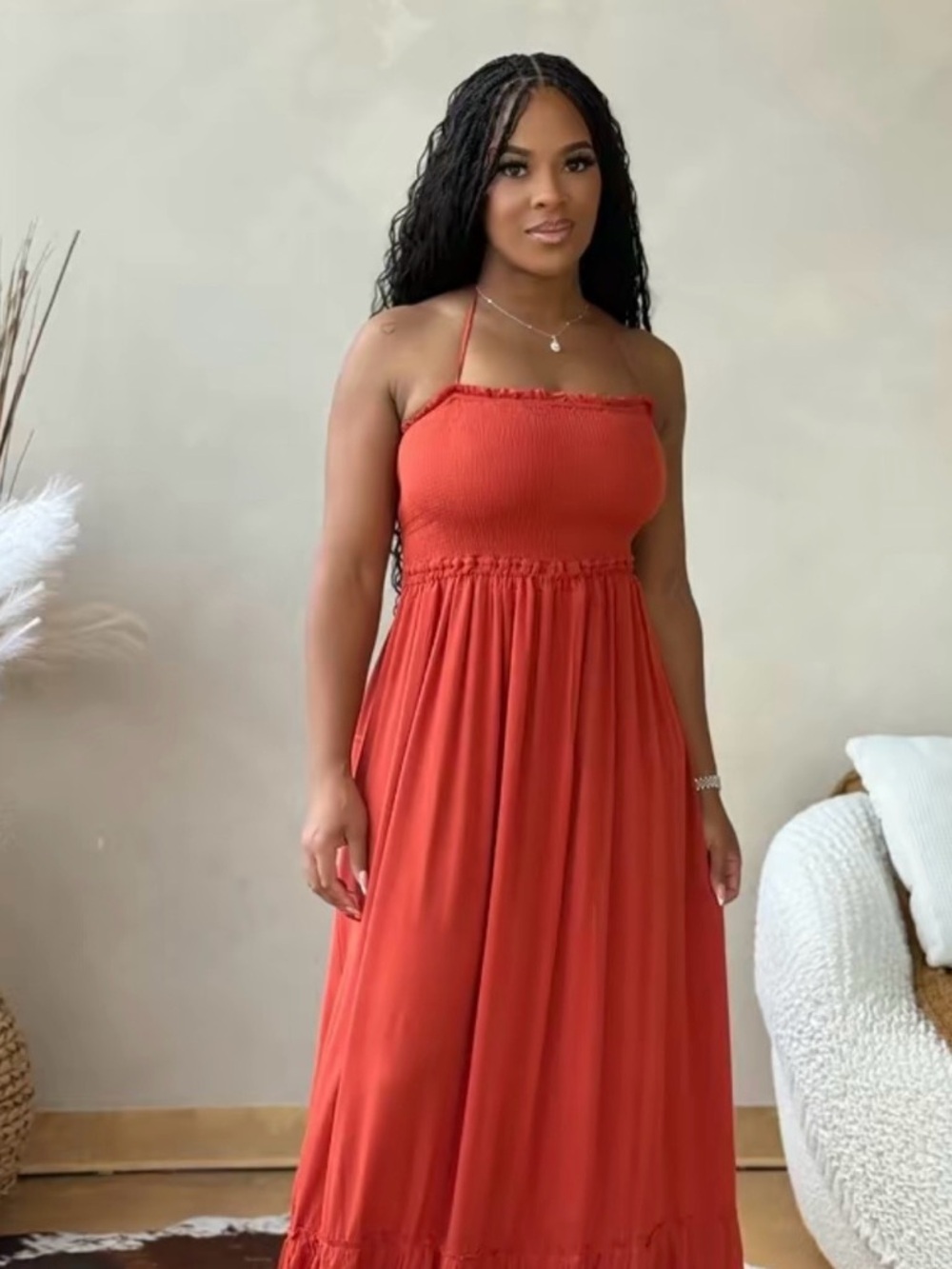 Strapless Smocked Waist Maxi Dress in orange large